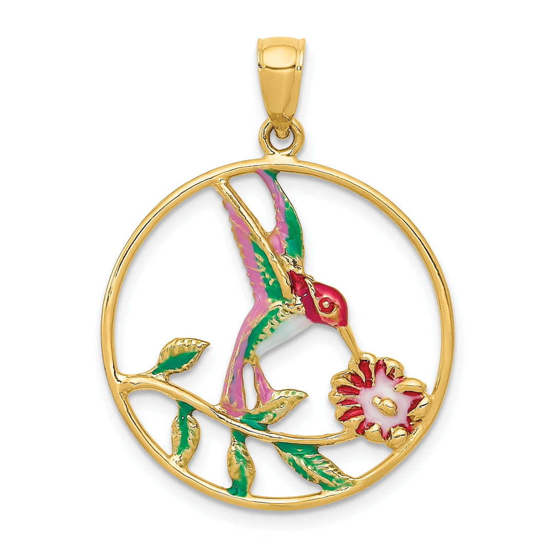14K Yellow Gold Solid Multi Color Enamel Polished Finish Hummingbird with Flower Design in Round Frame Shape Circle Pendant