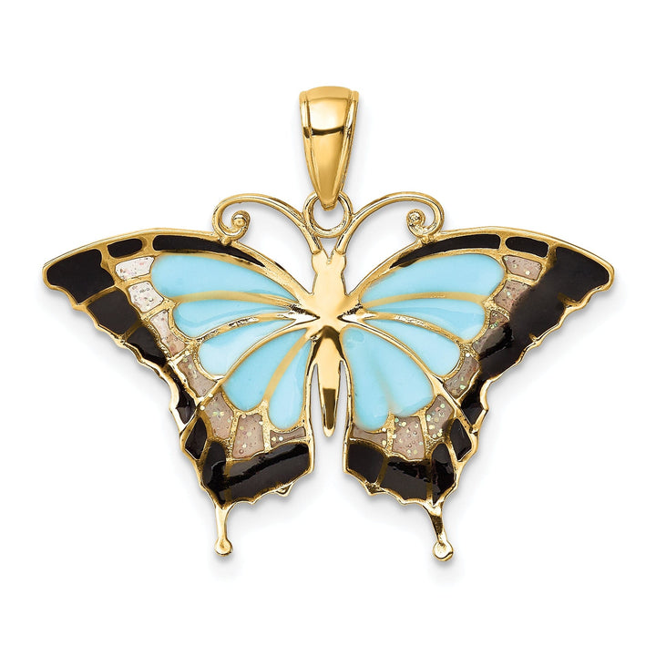 14K Yellow Gold Casted Solid Open Back Polished Finish Aqua Enameled Butterfly Charm Pendant
