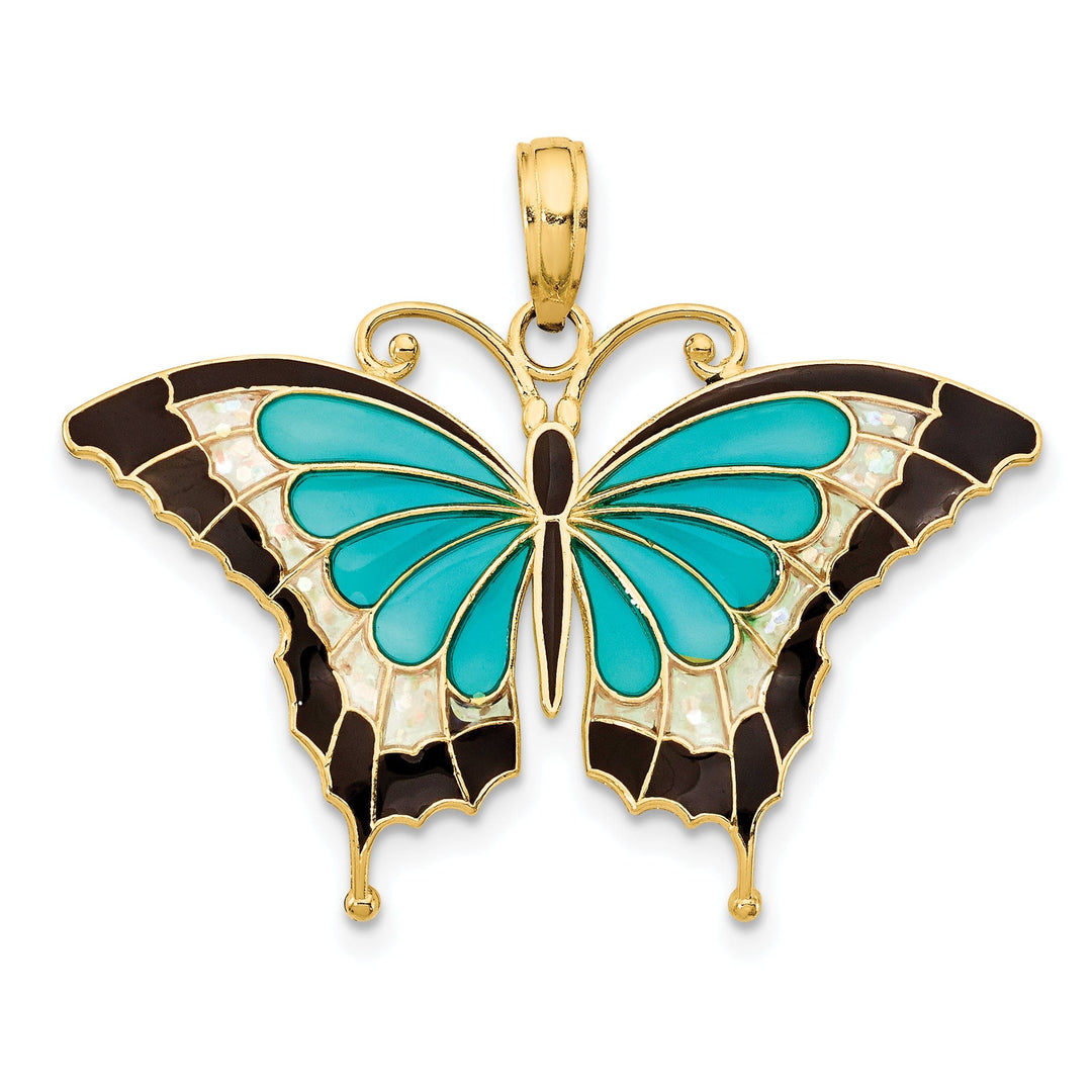 14K Yellow Gold Casted Solid Open Back Polished Finish Aqua Enameled Butterfly Charm Pendant