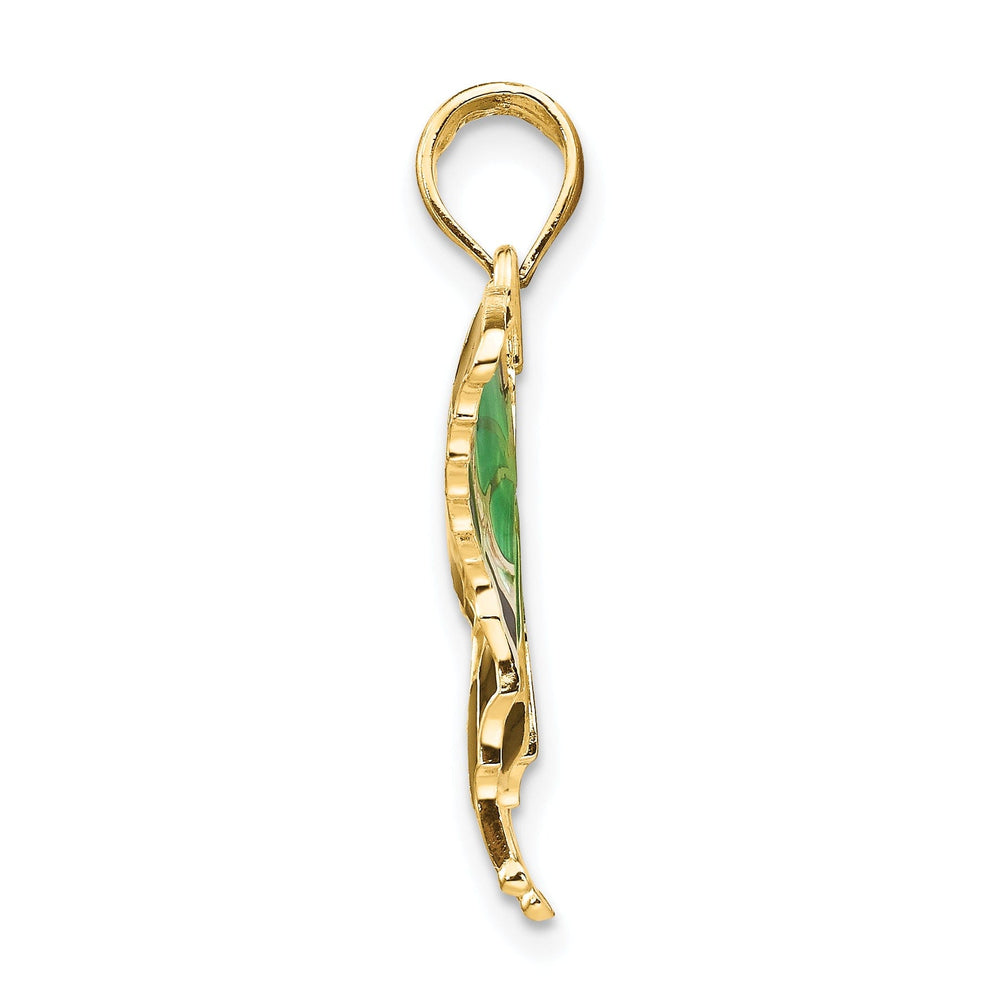 14K Yellow Gold Solid Casted Open Back Polished Finis Green Enameled Butterly Charm Pendant