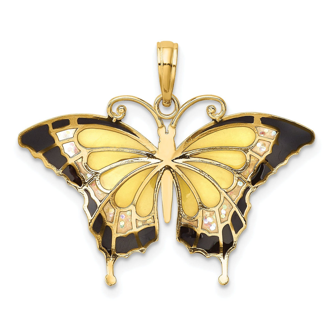 14K Yellow Gold Solid Casted Open Back Polished Finish Enameled Butterfly Charm Pendant