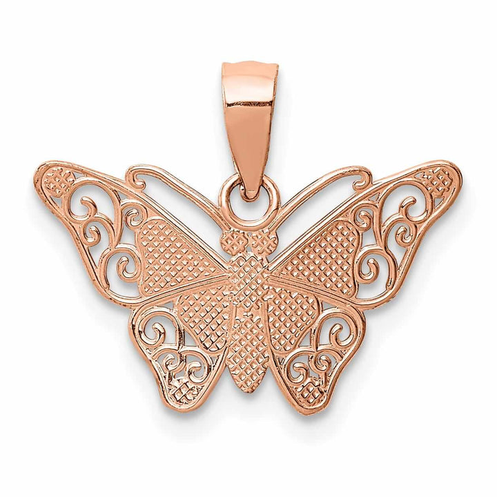 14k Rose Gold with Rhodium Casted Textured Back Solid Polished Finish Diamond-cut Butterfly Charm Pendant