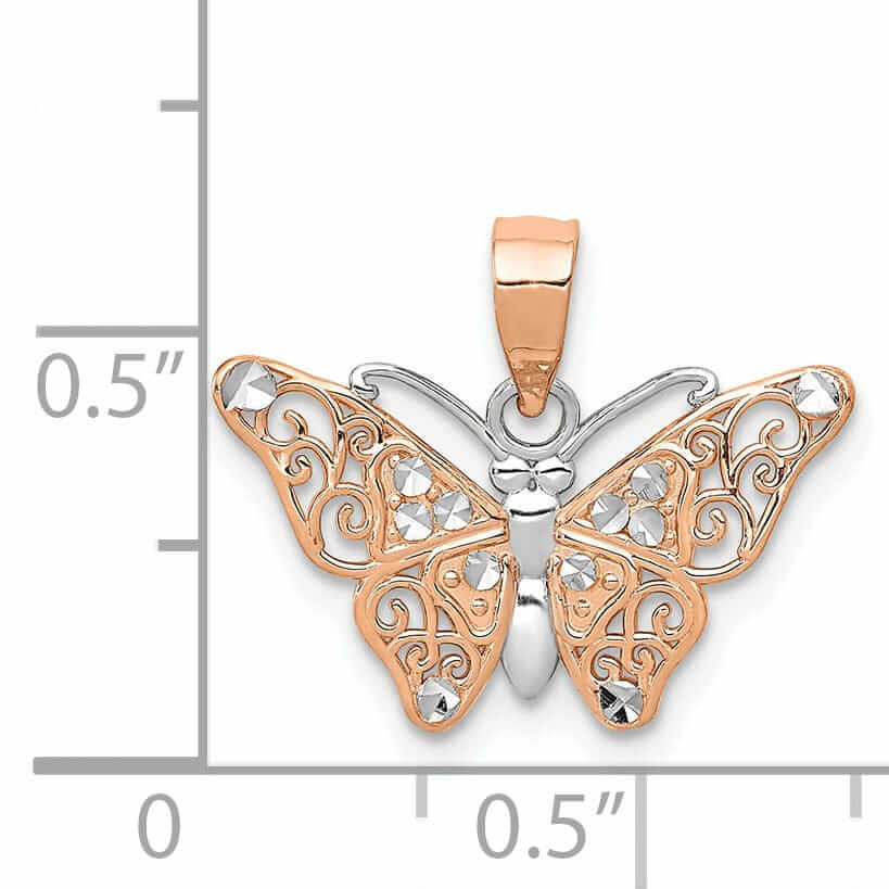 14k Rose Gold with Rhodium Casted Textured Back Solid Polished Finish Diamond-cut Butterfly Charm Pendant