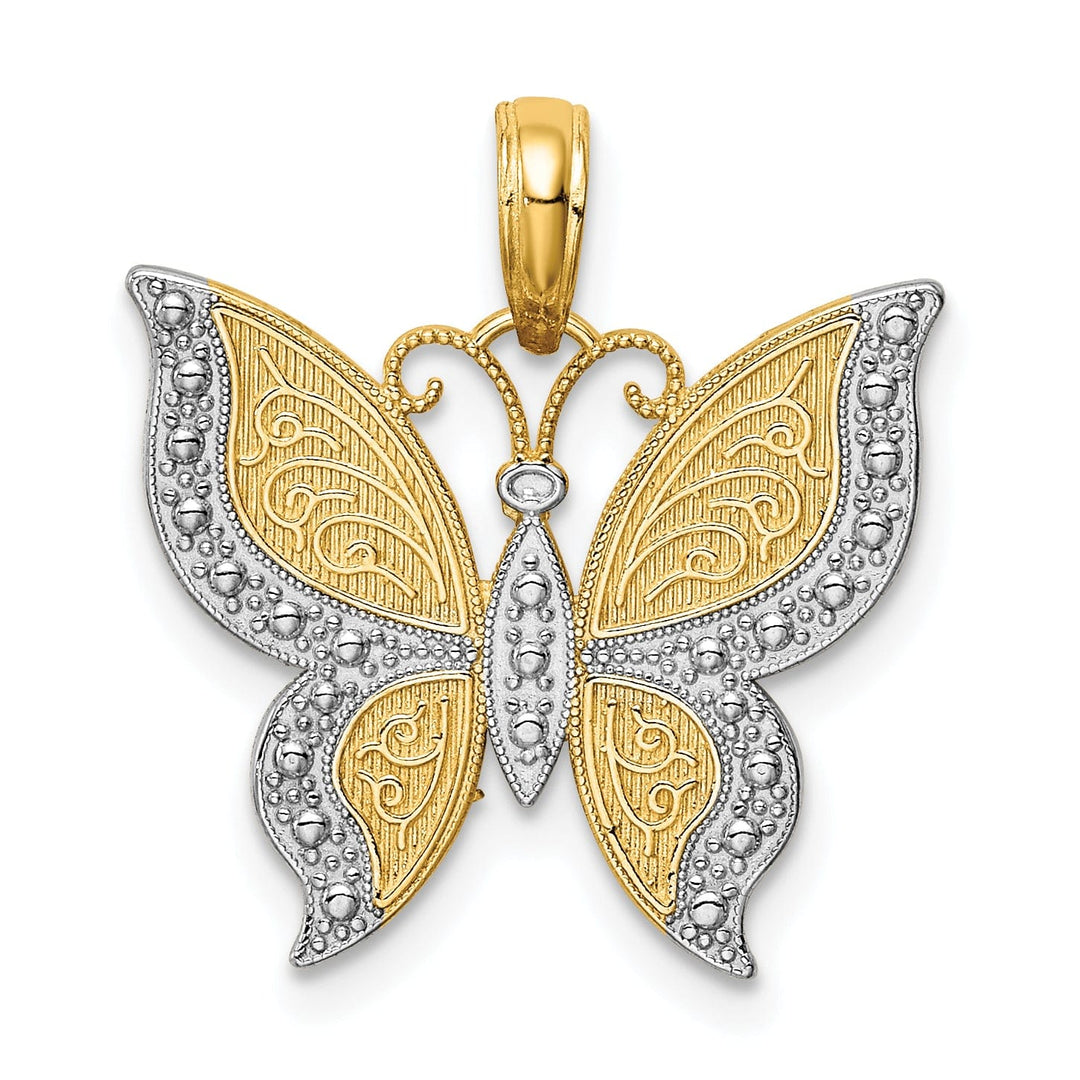 14K Two-tone Gold Solid Casted Textured Back Polished Finish Butterfly Charm Pendant