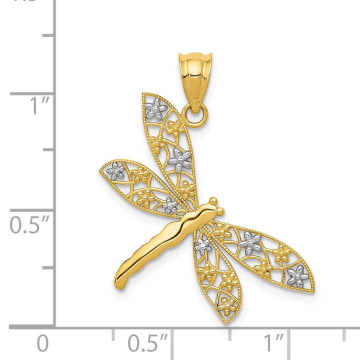 14k Yellow Gold White Rhodium Solid Open Back Polished Finish Filigree Design Dragonfly Charm Pendant