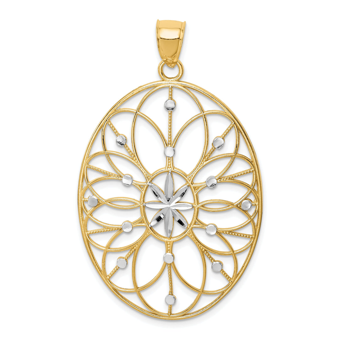 14K Yellow Gold, White Rhodium Polished Finish Filigree Floral Medallion Oval Shape Pendant