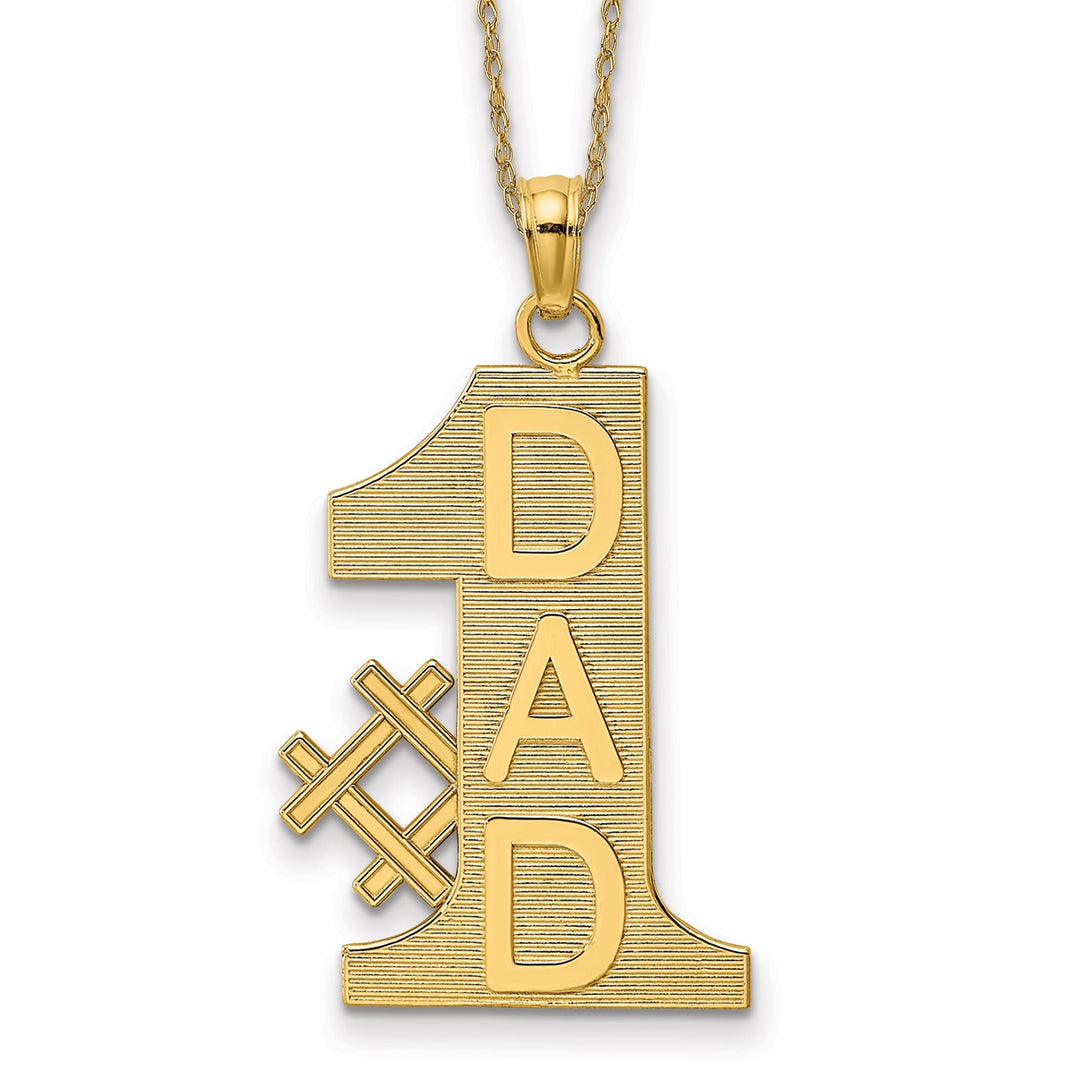 14k Yellow Gold Polished Textured Finish # 1 Dad Vertical Shape Charm Pendant with 18-inch Rope Chain Necklace