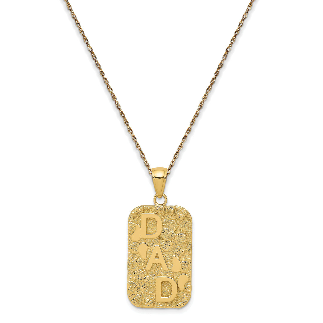 14K Yellow Gold Polished Textured Finish Solid Gold Nugget DAD Script Dog Tag Charm Pendant with 18-Inch Rope Chain Necklace