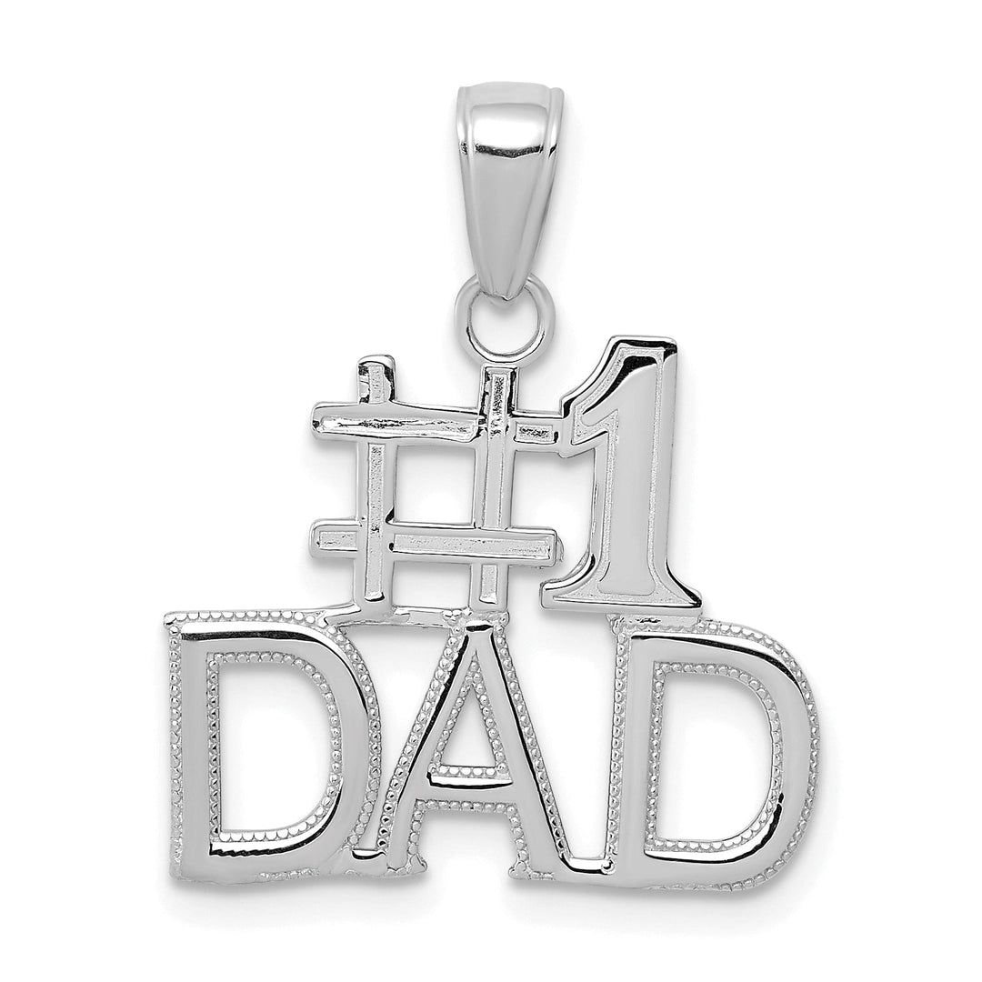 14K White Gold Polished Beaded Textured Finish Script #1 DAD Charm Pendant