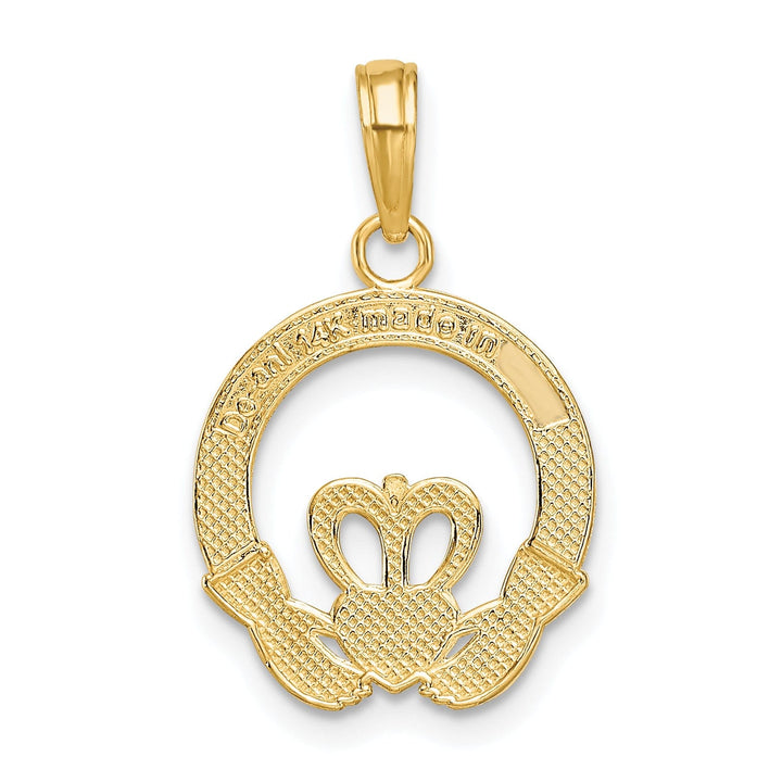 14k Yellow Gold Textured Satin Diamond Cut Flat-Backed Engraved Friendship Love Loyalty Claddagh Design Charm Pendant