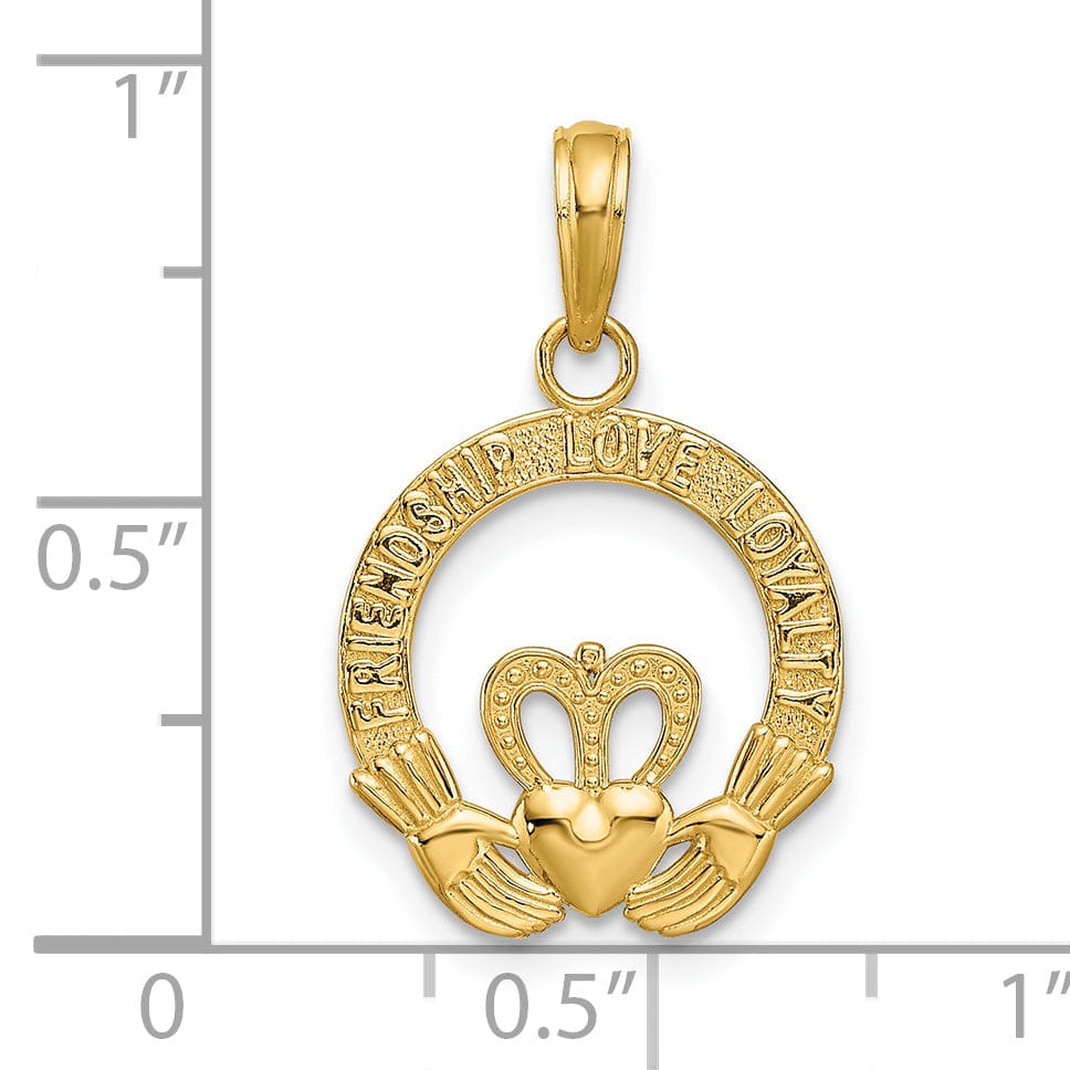 14k Yellow Gold Textured Satin Diamond Cut Flat-Backed Engraved Friendship Love Loyalty Claddagh Design Charm Pendant