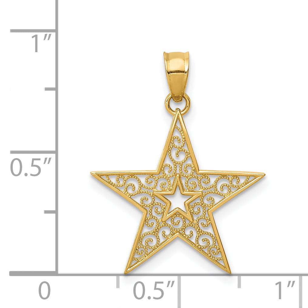 14k Yellow Gold Open Back Solid Beaded Polished Finish Filigree Star Design Charm Pendant
