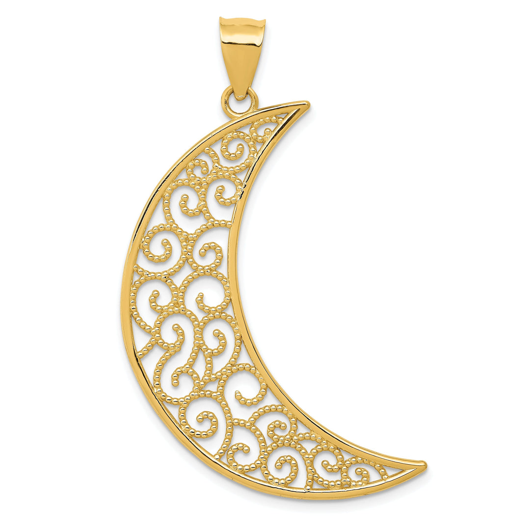 14k Yellow Gold Solid Open Back Solid Polished Finish Filigree Moon Design Charm Pendant