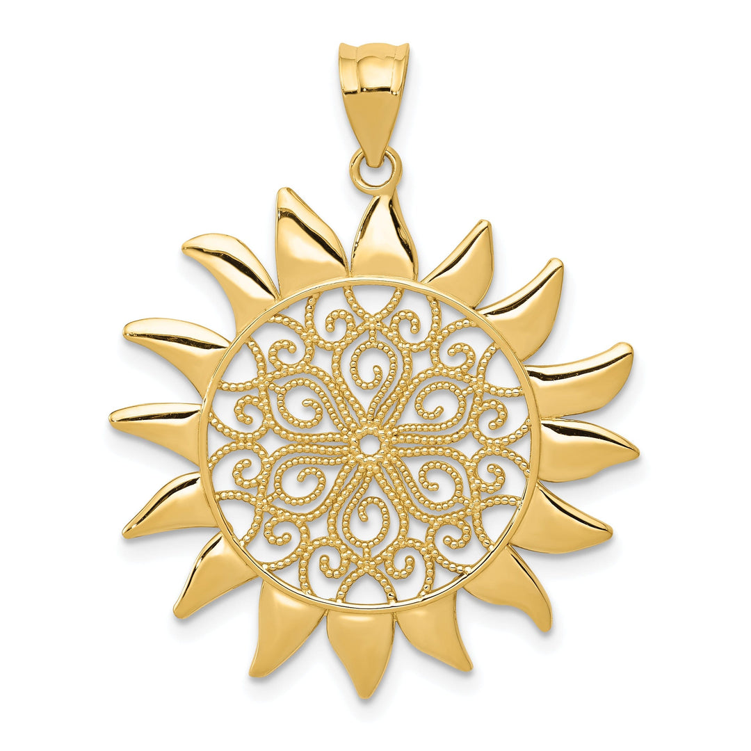 14k Yellow Gold Solid Texture Polished Finish Filigree Design Sun Charm Pendant