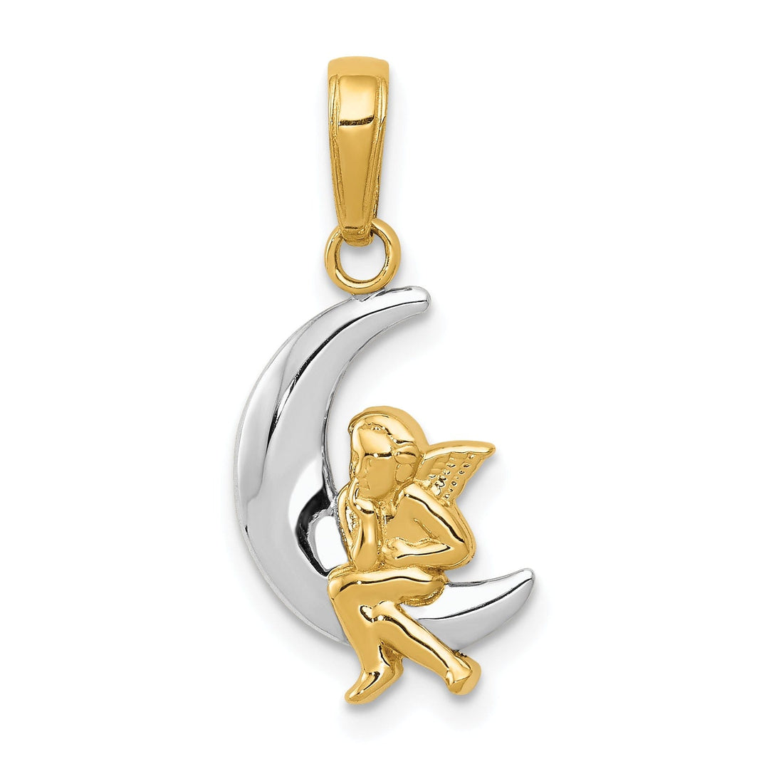 14k Yellow Gold White Rhodium Solid Textured Polished Finish Angel Sitting on the Moon Charm Pendant