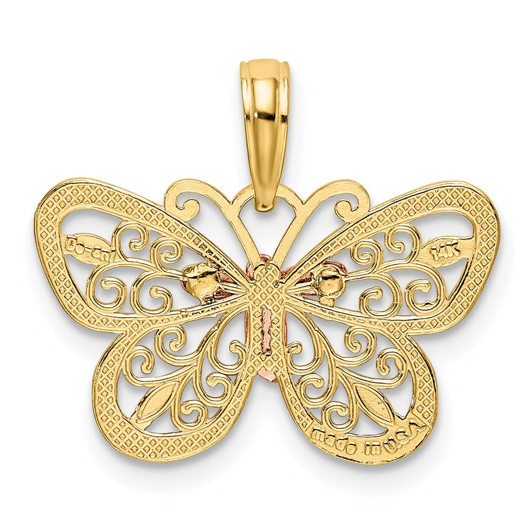 14k Tri-color Gold Textured Back Casted Solid Polished Finish Diamond-cut Butterfly Charm Pendant