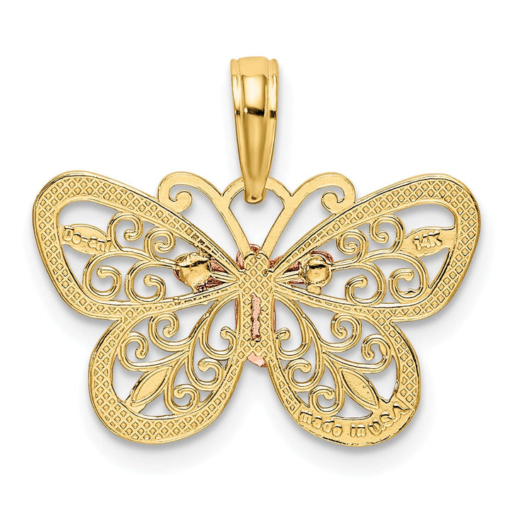 14k Tri-color Gold Textured Back Casted Solid Polished Finish Diamond-cut Butterfly Charm Pendant