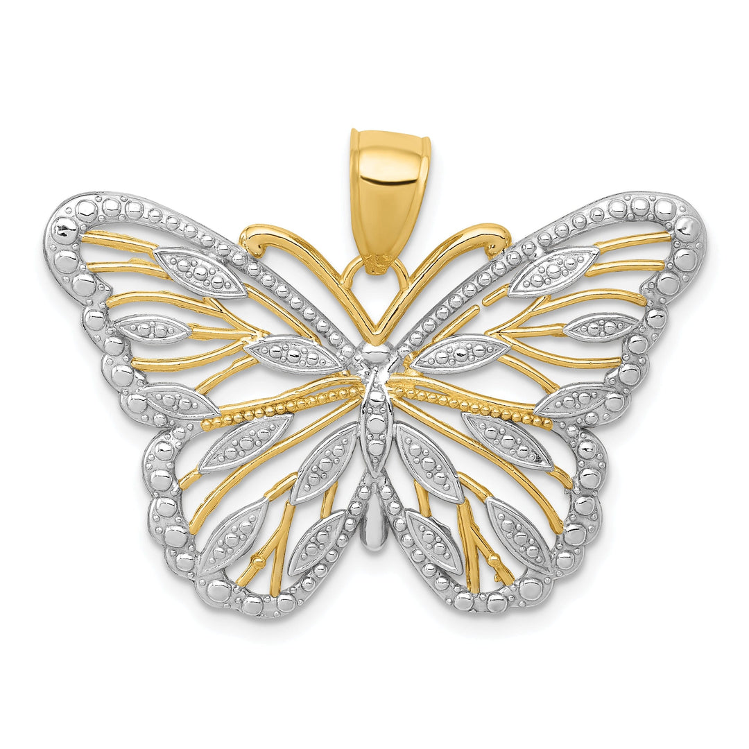 14k Two-tone Gold Casted Textured Back Solid Polished Finish Butterfly Charm Pendant