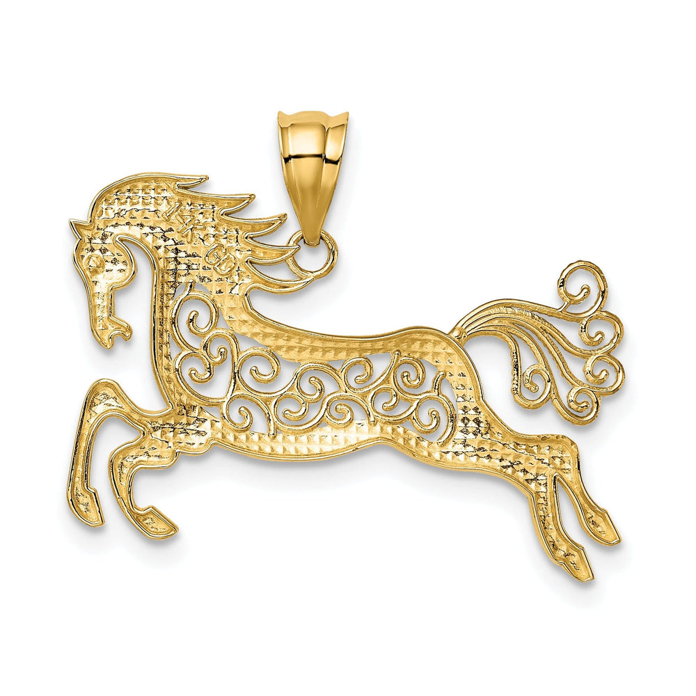 14k Yellow Gold White Rhodium Open Back Solid Polished Finish Galloping Horse Filigree Design Mens Charm Pendant