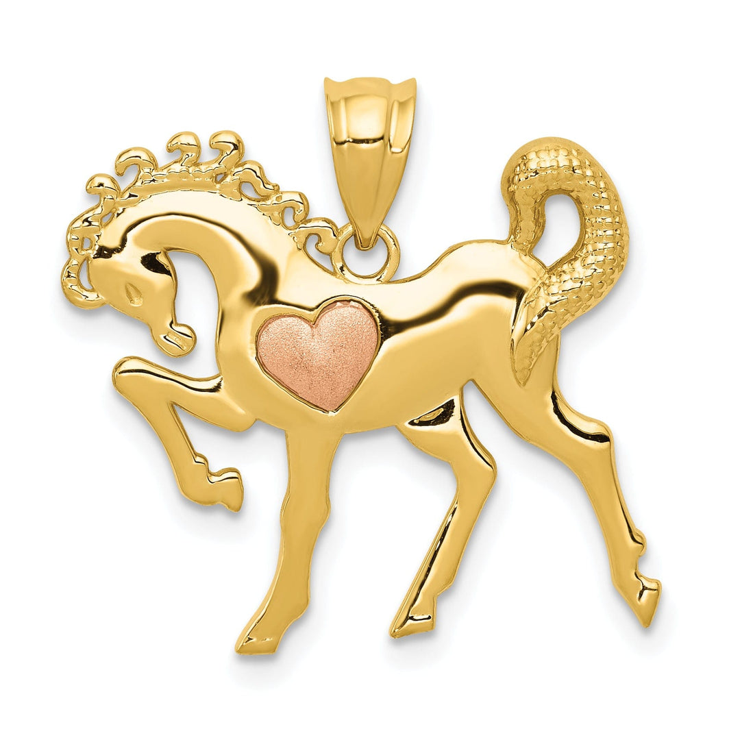 14k Yellow and Rose Gold Solid Polished and Brushed Finish Horse with Heart Design Charm Pendant