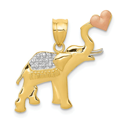 14k Two Tone Gold White Rhodium Solid Elephant Holding Heart Shape Design Charm Pendant