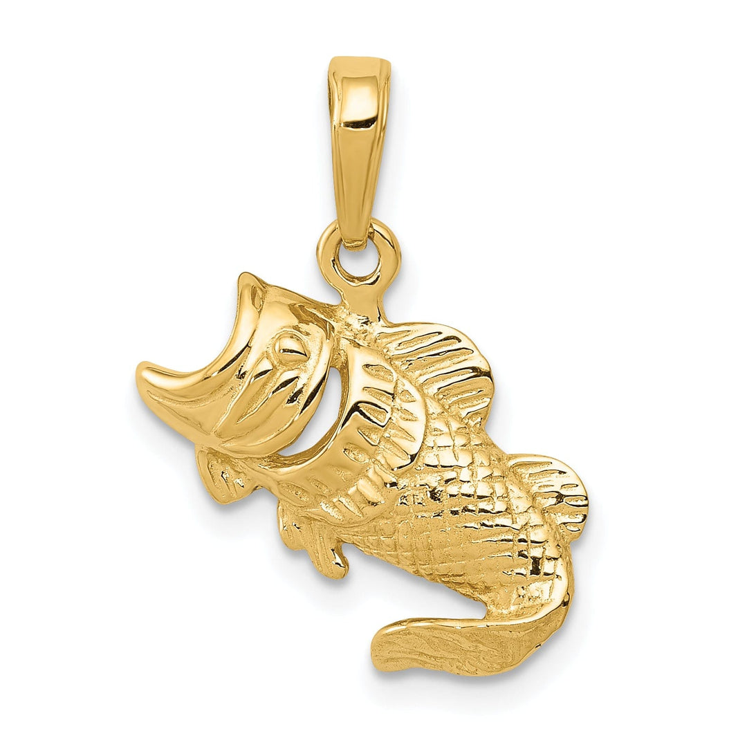 14k Yellow Gold Solid Textured Polished Finish Small Size Open Mouthed Bass Fish Charm Pendant