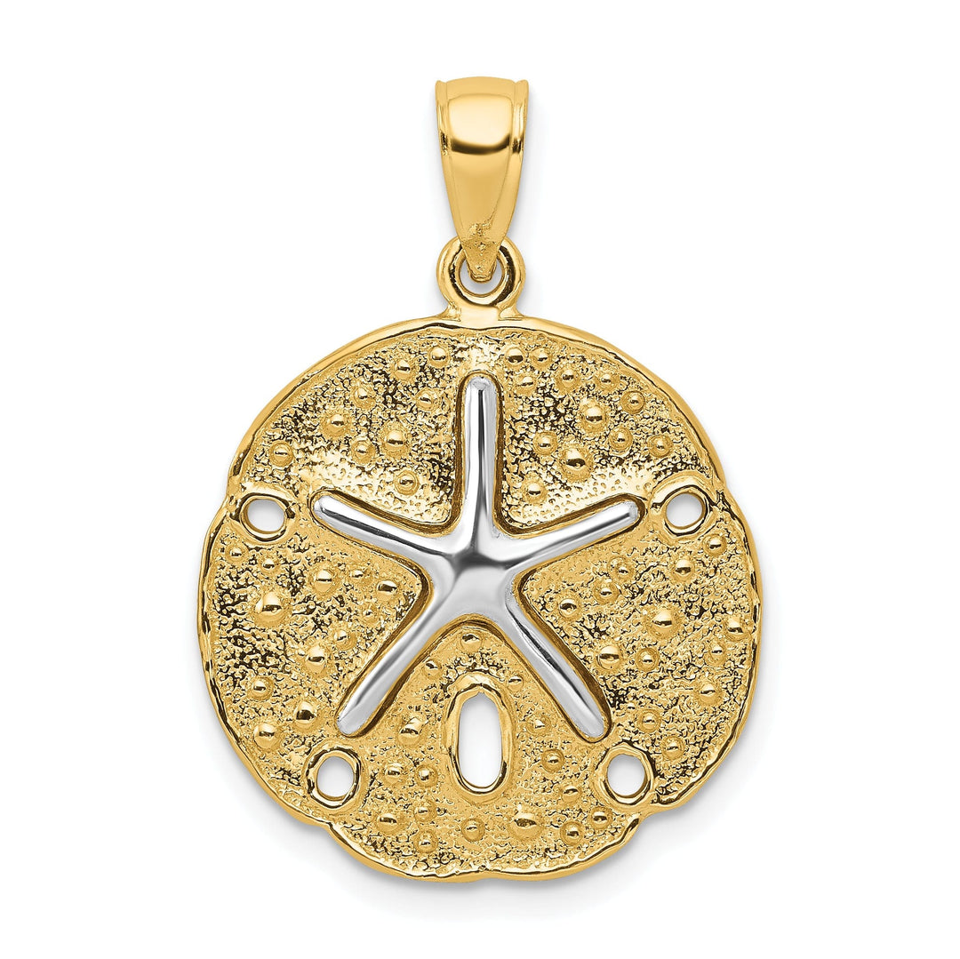 14k Two Tone Gold Solid Polished Textered Finish Sea Sand Dollar with Starfish Design Charm Pendant