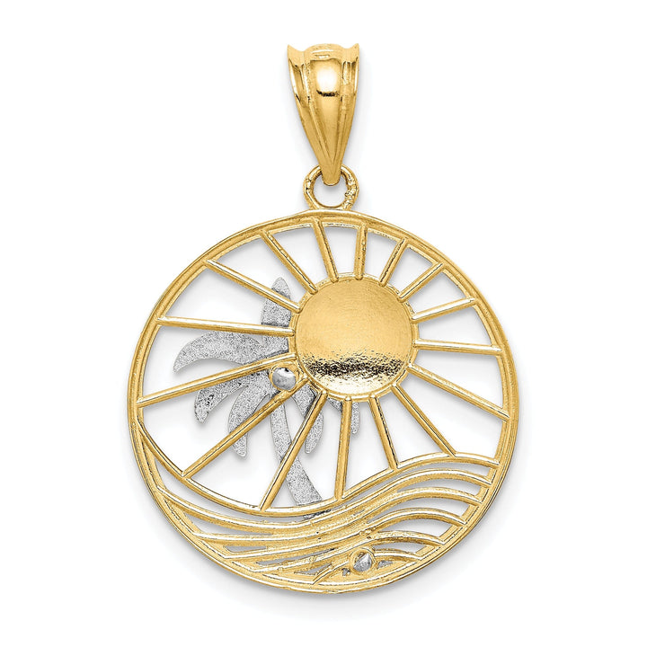 14K Two Tone Gold Solid Polished Finish Concave Shape Sun with Palm Tree Design Charm Pendant