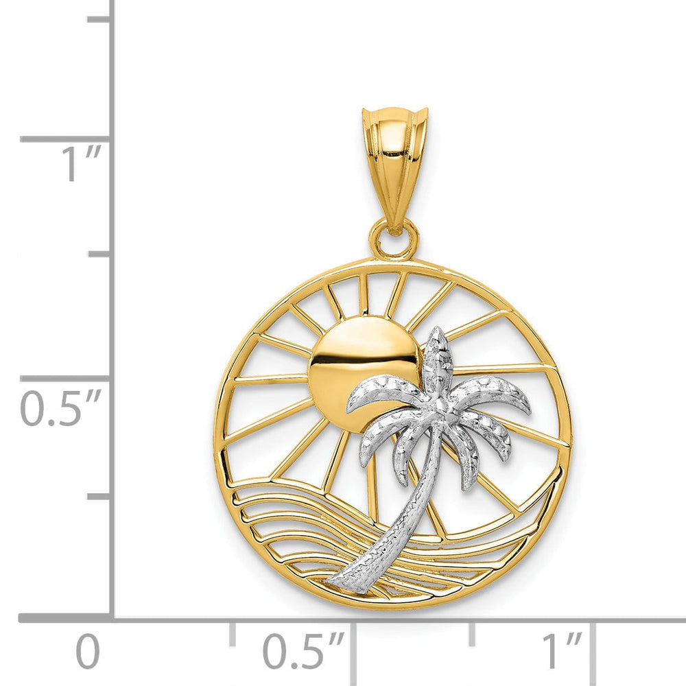 14K Two Tone Gold Solid Polished Finish Concave Shape Sun with Palm Tree Design Charm Pendant