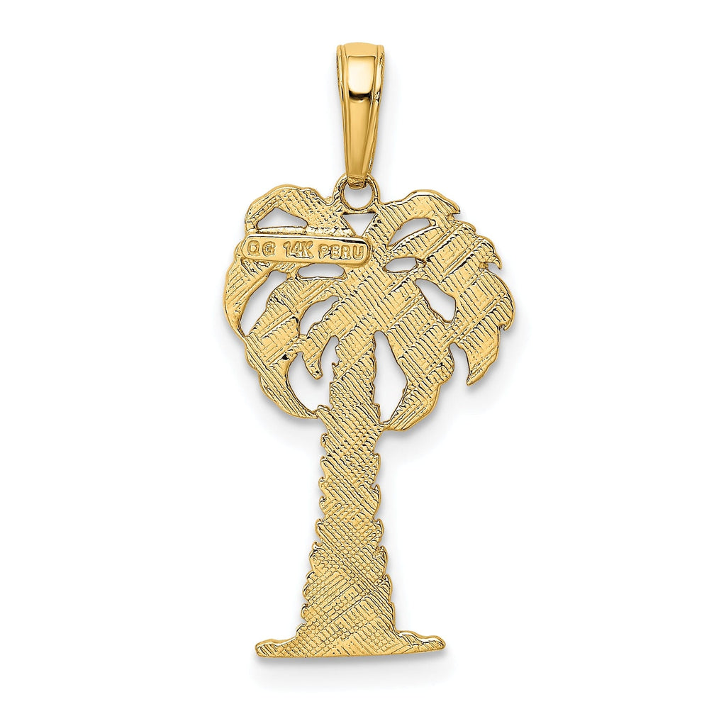 14K Yellow Gold, White Rhodium Polished Textured Finish Flat Back Men's Palm Tree Charm Pendant