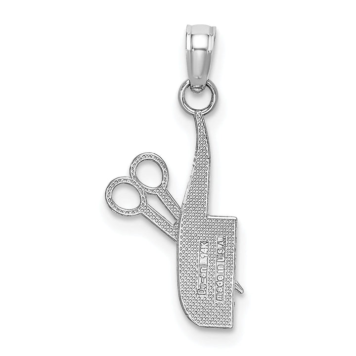 14k White Gold Solid Textured Polished Finish Fancy Design Comb and Scissors Charm Pendant