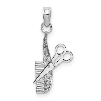 14k White Gold Solid Textured Polished Finish Fancy Design Comb and Scissors Charm Pendant