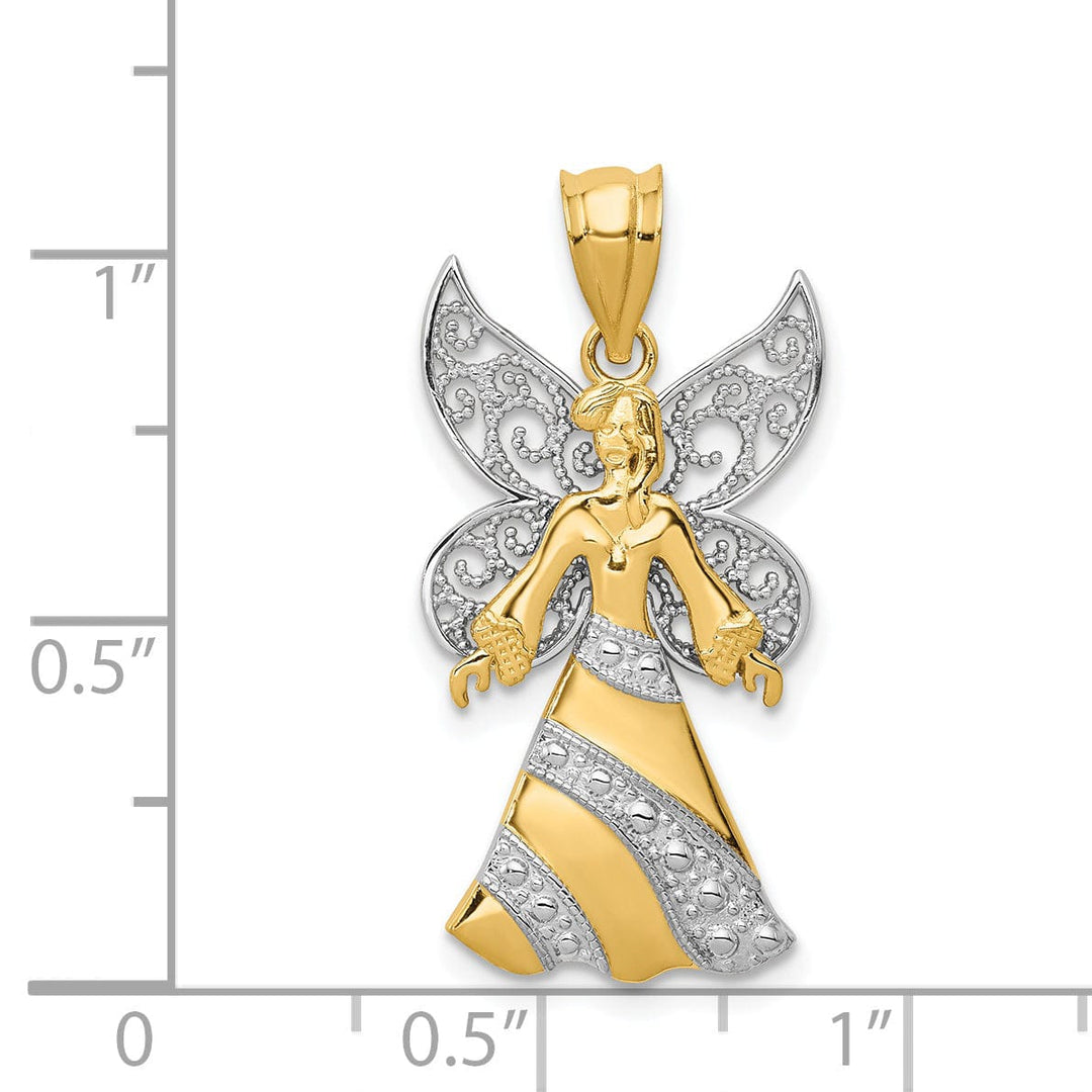 14k Yellow Gold White Rhodium Polished Finish Filigree Angel Pendant