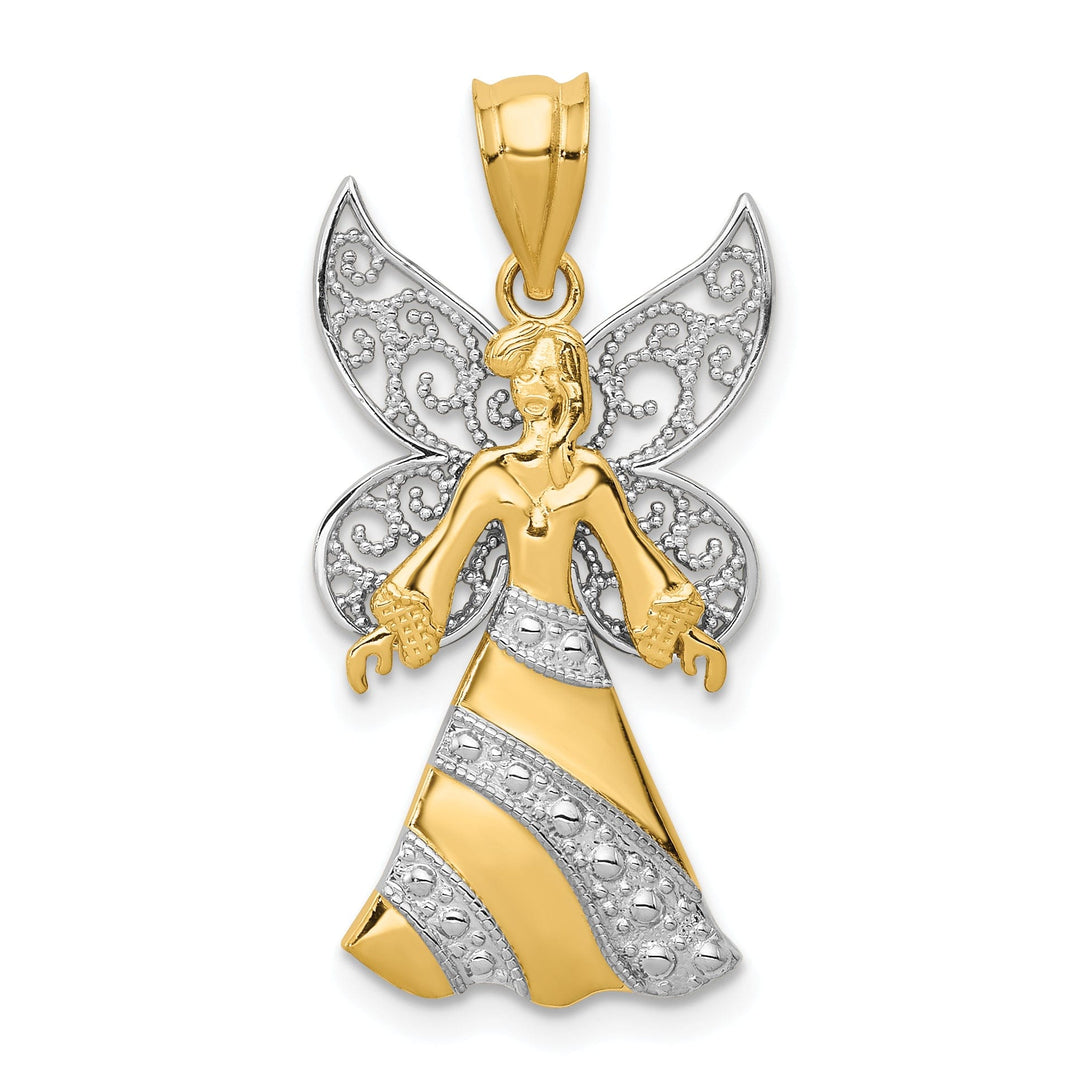 14k Yellow Gold White Rhodium Polished Finish Filigree Angel Pendant