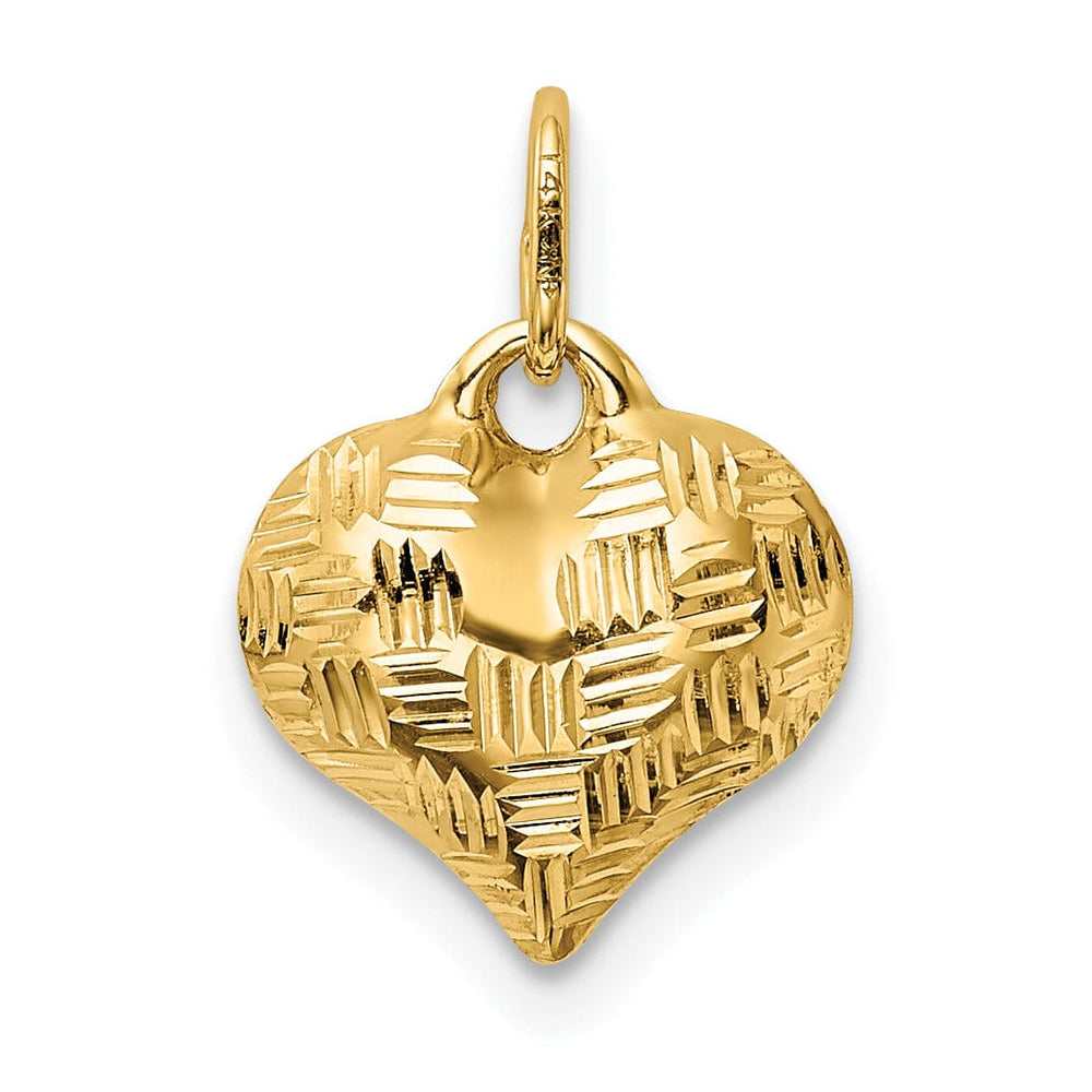14K Yellow Gold Hollow Polished Diamond Cut Finish Basket Weave Pattern Design 3-Dimensional Puff Heart Charm Pendant