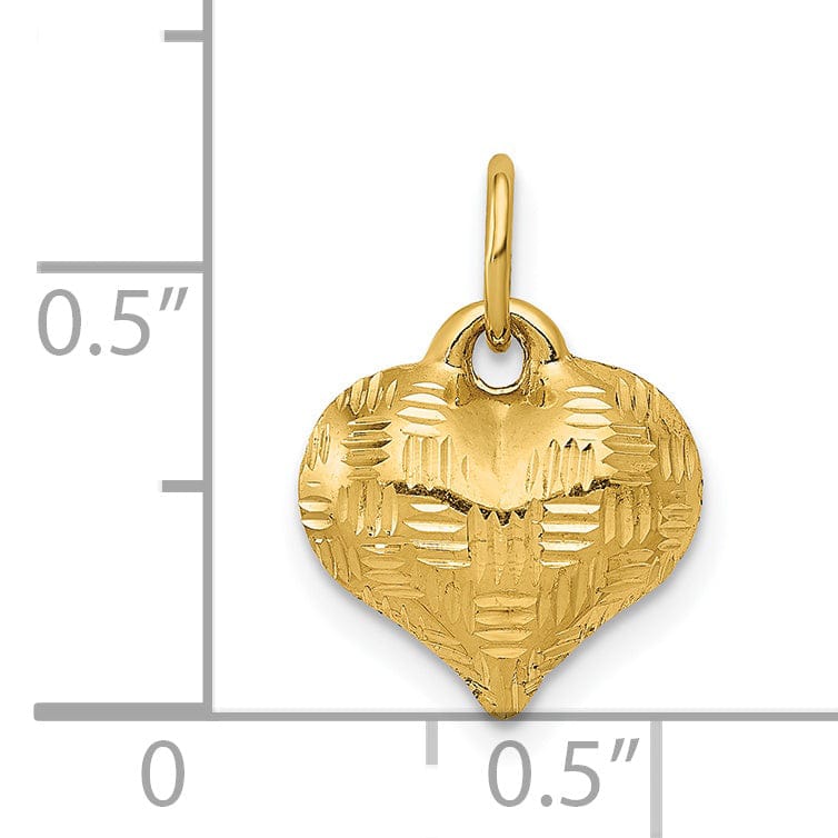 14K Yellow Gold Hollow Polished Diamond Cut Finish Basket Weave Pattern Design 3-Dimensional Puff Heart Charm Pendant