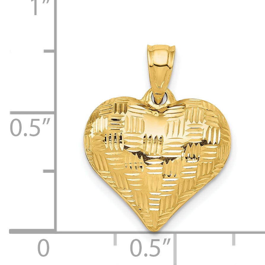 14K Yellow Gold Hollow Diamond Cut Polished Finish Basket Weave Pattern Design 3-Dimensional Puff Heart Charm Pendant