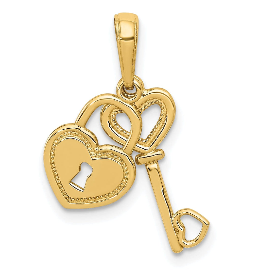 14K Yellow Gold Moveable Key and Heart Lock Design Charm Pendant