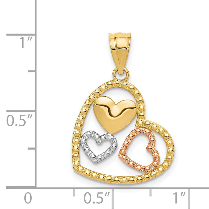 14K Yellow, Rose Gold Rhodium Beaded Polished Finish Concave 3-Hearts Shape Design Pendant