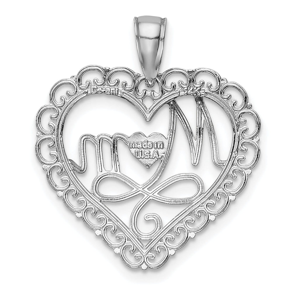 14K White Gold Solid Textured Polished Finish MOM in Scallop Heart Shape Design Charm Pendant