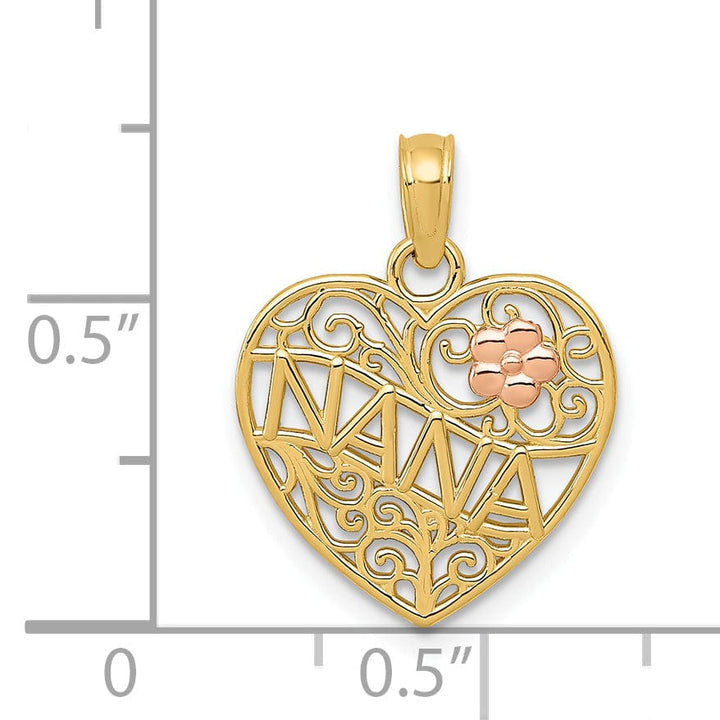 14K Two Tone Gold Nana Flower on Heart Pendant