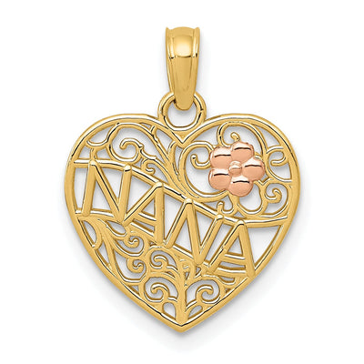 14K Two Tone Gold Nana Flower on Heart Pendant