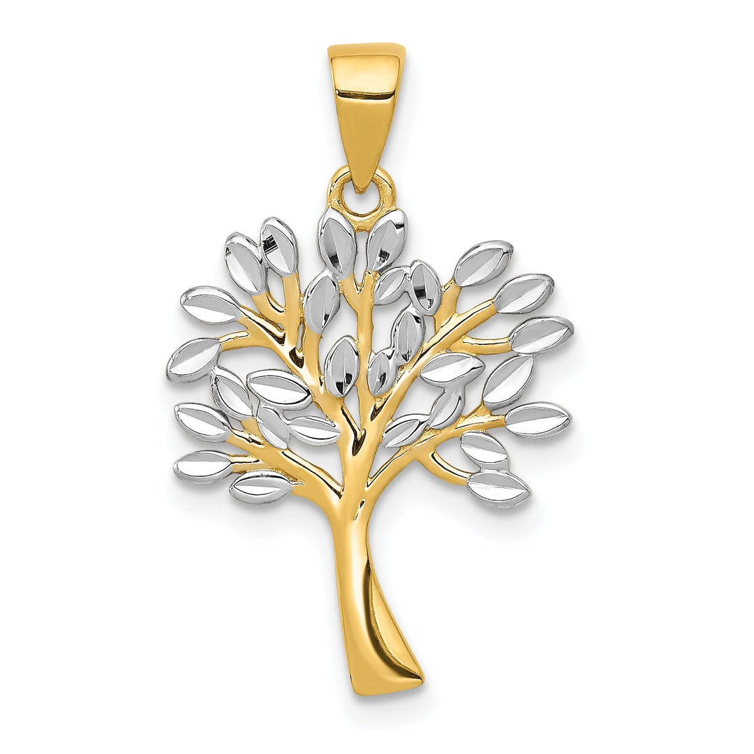 14K Yellow Gold White Rhodium Solid Polished Diamond Cut Finish Tree Design Charm Pendant