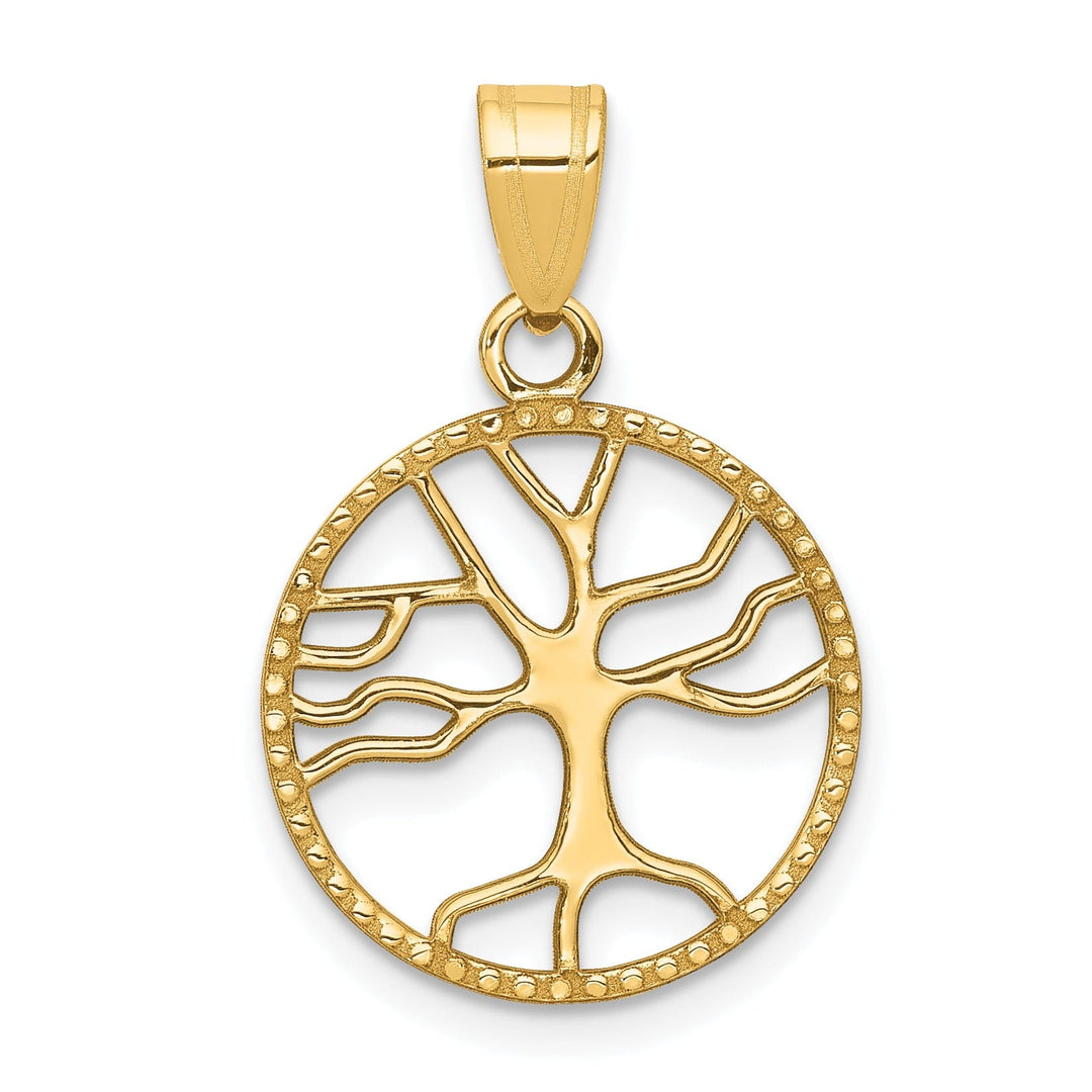 14K Yellow Gold Flat Back Textured Polished Small Tree of Life in Round Circle Design Charm Pendant
