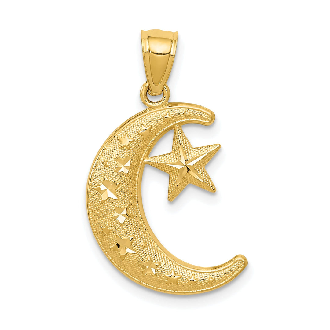 14k Yellow Gold Solid Polished Textured Finish Moon and Stars Design Charm Pendant