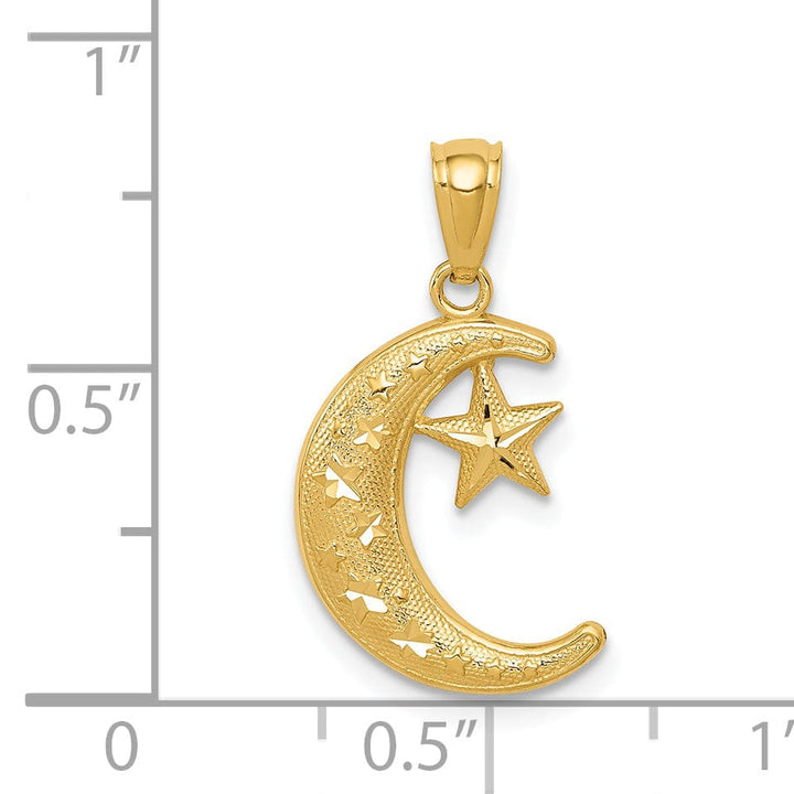 14k Yellow Gold Polished Solid Textured Finish Moon and Stars Design Charm Pendant