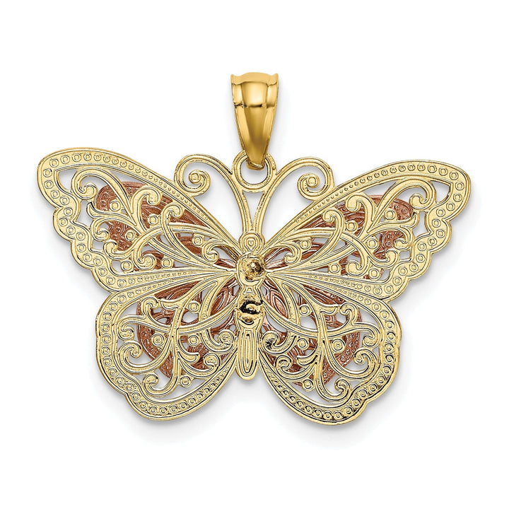 14k Tri-color Textured Open Back Casted Solid Polished Finish Cut-out 2-level Butterfly Charm Pendant