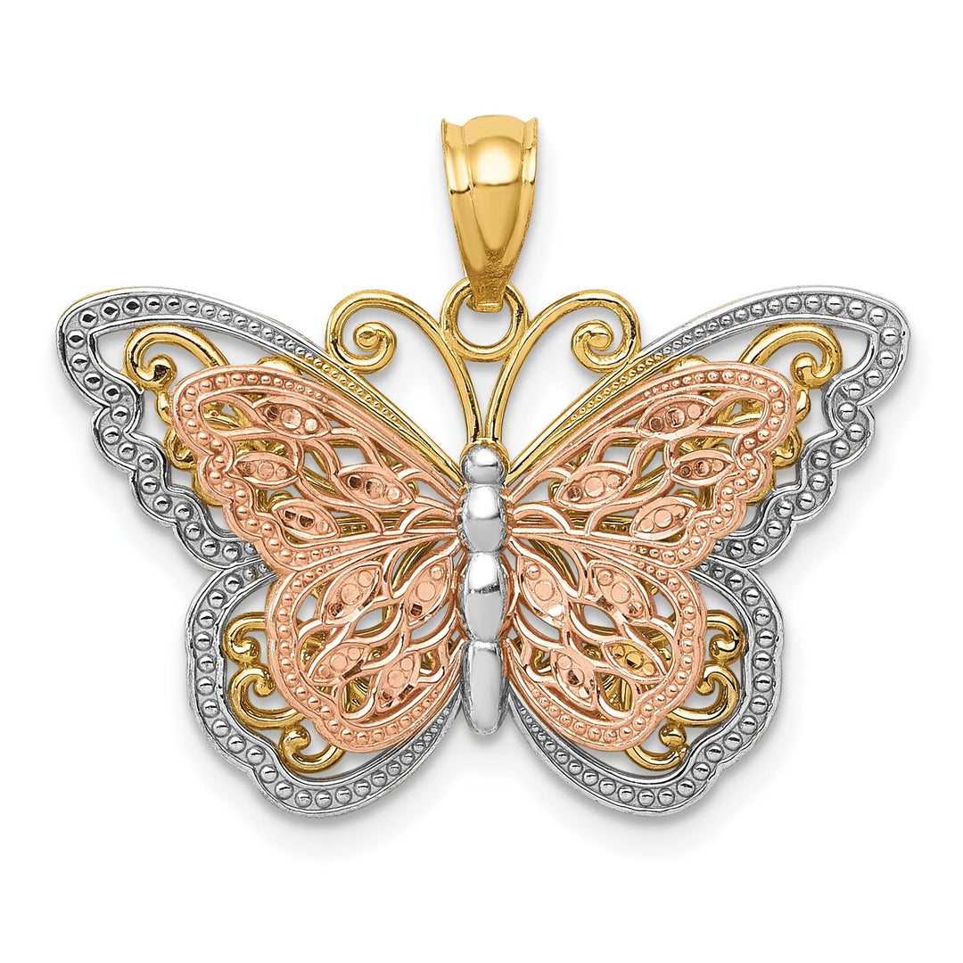 14k Tri-color Textured Open Back Casted Solid Polished Finish Cut-out 2-level Butterfly Charm Pendant