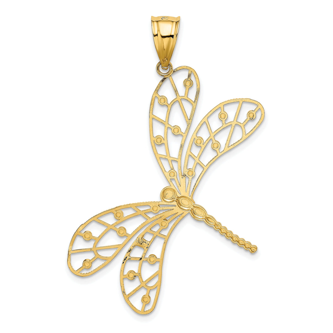 14k Yellow Gold White Rhodium Open Back Solid Polished Diamond Cut Finish Filigree Dragonfly Charm Pendant