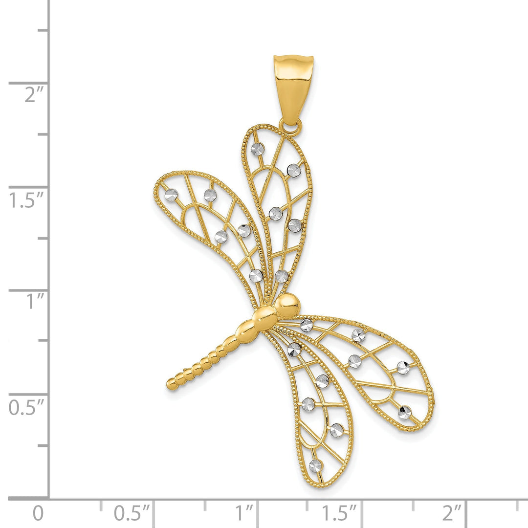 14k Yellow Gold White Rhodium Open Back Solid Polished Diamond Cut Finish Filigree Dragonfly Charm Pendant